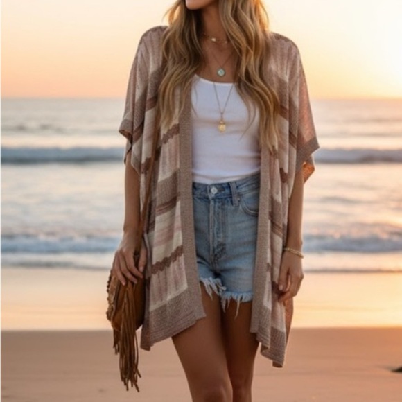 Chico’s Textured Shine Stripe Ruana Wrap Striped Open-Front Cardigan size S/M - Picture 13 of 13